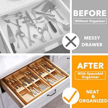 SpaceAid Bamboo Silverware Drawer Organizer with Labels, Kitchen Utensil Tray Holder Organizer for Flatware, Cutlery, Spoon and Knives Drawer Storage Organization (Natural, 6 Slots)