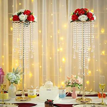 29.5in Gold Wedding Centerpieces for Table, 2Pcs Tall Vases Wedding Centerpieces with Sparkling Crystal Beads, Metal Flower Stand for Wedding Reception Birthday Party Events Home Decor