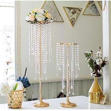 29.5in Gold Wedding Centerpieces for Table, 2Pcs Tall Vases Wedding Centerpieces with Sparkling Crystal Beads, Metal Flower Stand for Wedding Reception Birthday Party Events Home Decor