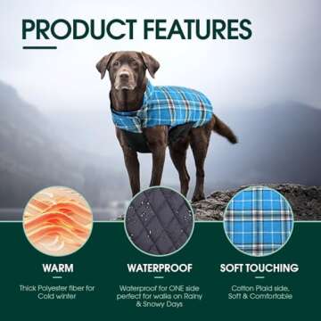 Kuoser Warm Dog Coat, Reversible Dog Jacket Waterproof Dog Winter Coat British Style Plaid Dog Clothes Pet Dog Cold Weather Coats Cozy Snow Jacket Vest for Small Medium Large Dogs Blue XS