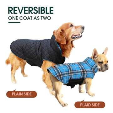 Kuoser Warm Dog Coat, Reversible Dog Jacket Waterproof Dog Winter Coat British Style Plaid Dog Clothes Pet Dog Cold Weather Coats Cozy Snow Jacket Vest for Small Medium Large Dogs Blue XS