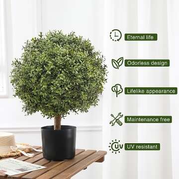 JUSTOYOU 24.5''T Artificial Boxwood Ball Topiary Tree, Set of 2 Bushes Potted Plants for Porch Outdoor or Indoor, Home Decor UV Resistant