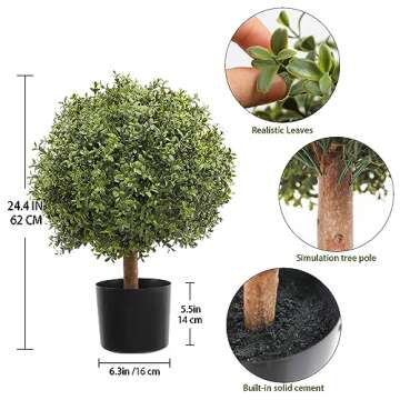 JUSTOYOU 24.5''T Artificial Boxwood Ball Topiary Tree, Set of 2 Bushes Potted Plants for Porch Outdoor or Indoor, Home Decor UV Resistant