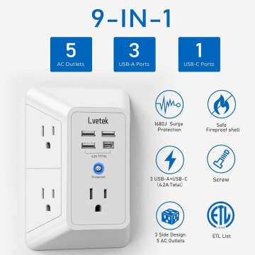 5-Outlet Surge Protector with 4 USB Charge Ports