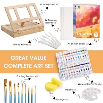 Painting Supplies Set, 49 Pieces Watercolor Painting Kit with Wooden Tabletop Easel, Includes Watercolor Paints, Brushes, Palette, Canvas Panels and Painting Pads, for Artists, Student, Adults, Kids