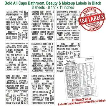 Talented Kitchen 186 Bold All Caps Bathroom Labels, Beauty & Makeup Labels Black Labels on Clear Backing 186 Bathroom, Beauty & Makeup Vinyl Stickers Organization Storage System