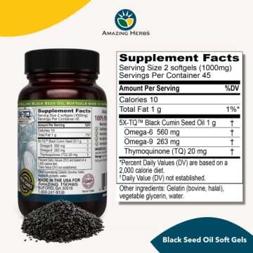 Amazing Herbs Premium Black Seed Oil Capsules - Cold Pressed Nigella Sativa Aids in Digestive Health, Immune Support, Brain Function, Gluten Free, Non GMO - 90 Count, 500mg