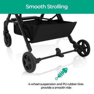Mompush Lithe, Lightweight Stroller, Compact One-Hand Fold Luggage-Style Travel Stroller for Airplane Friendly, Reclining Seat and XL Canopy, with Rain Cover & Travel Carry Bag & Cup Holder