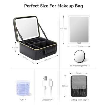 JUSRON Travel Makeup Bag With LED Mirror,Train Case with Light up Mirror, Portable Makeup Artist Organizer Bag with Adjustable Dividers, Makeup Brush Holder Storage(Black, Large)