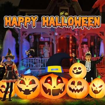 8 FT Halloween Inflatable Decorations Pumpkin with White & Red Built-in LEDs Cute Witch Hat & Different Expression Halloween Blow Up Inflatables for Outdoor Yard Garden Lawn Fall Decor Holiday Party