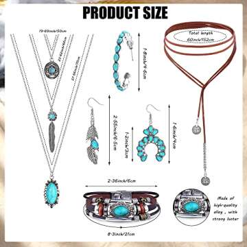 Jstyle Western Jewelry for Women Bohemian Turquoise Earrings Necklace Bracelet Set Boho Dangle Earrings Long Choker Necklace Leather Layered Bracelets Style 2