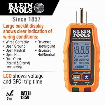 Klein Tools RT250 GFCI Outlet Tester with LCD Display, Electric Voltage Tester for Standard 3-Wire 120V Electrical Receptacles