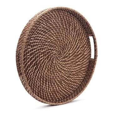 Round Rattan Woven Serving Tray with Handles Ottoman Tray for Breakfast, Drinks, Snacks for Coffee Table, Home Decorative (Honey Brown, 13.8"x2")