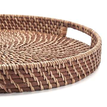 Round Rattan Woven Serving Tray with Handles Ottoman Tray for Breakfast, Drinks, Snacks for Coffee Table, Home Decorative (Honey Brown, 13.8"x2")