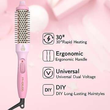 PHOEBE 1.25 Inch Curling Iron Brush Ceramic 1 1/4 Inch Double PTC Heated Hair Curling Comb Tourmaline Ionic Hair Curler Curling Iron Dual Voltage for Traveling On Long, Medium Hair - Pink