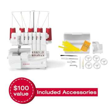 SINGER Professional 14T968DC Heavy-Duty Metal Frame Serger Overlock and Accessory Kit with 2-3-4-5 Stitch Capability, Removeable Trim Trap, 1300 Stitches per minute, & Self Adjusting, White