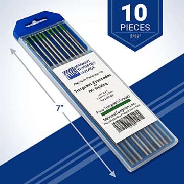 Midwest Tungsten Service TIG Welding Tungsten Electrodes 10-Pack (Green - Pure Tungsten (WP, EWP), 3/32")