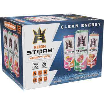 REIGN Storm Variety Pack, Peach Nectarine, Guava Strawberry, Citrus Zest, Fitness & Wellness Energy Drink, 12 Fl Oz (Pack of 12)