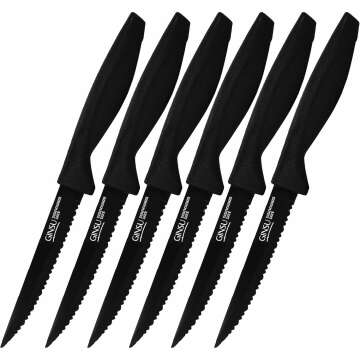 GINSU Daku 6-Piece Black Steak Knife Set - Dishwasher Safe and Always Sharp