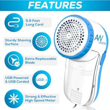 Fabric Shaver Lint Remover, AW union USB Powered Lint Shaver Efficiently Remove Lints from Fabrics, Clothes, Upholstery - 70" Cord - 2 Replacement Blade - Blue