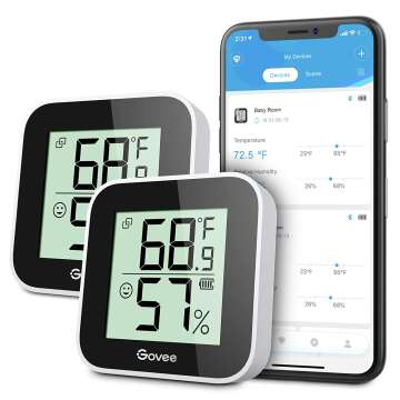 Govee Temperature Humidity Monitor 2-Pack, Indoor Room Thermometer Hygrometer with App Alert, Mini Bluetooth Digital Thermometer Humidity Sensor with Data Storage for Home Greenhouse Cellar