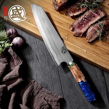 MITSUMOTO SAKARI 8 inch Japanese Kiritsuke Chef Knife, Hand Forged 67 Layers 440C Damascus Steel Kitchen Knives, Professional Meat Sushi Chef's Knife (Blue Pomegranate Handle & Sandalwood Box)