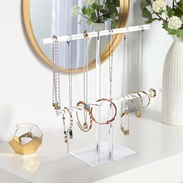 Jewelry Stand Necklace Holder, Acrylic Jewelry Display Holder, Necklace and Bracelet Hanging Organizer, Clear 2-Tier Tower Stand for Bangles, Necklaces, Bracelets, Rings, Earrings and Watch