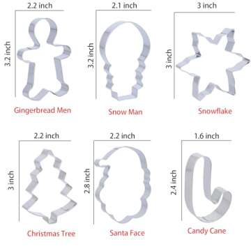 Small Christmas Cookie Cutters Set, 6 pcs Stainless Steel Metal Holiday Cookie Cutter for Baking Christmas Tree, Snowflake,Gingerbread Man, Snowman, Santa Head and Candy Cane