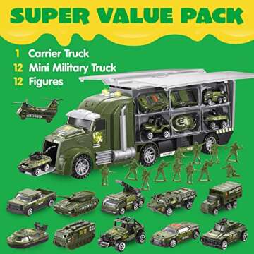 JOYIN 25 in 1 Green Military Big Truck Toys, Army Men Tanks Set with Soldier Men, Mini Battle Car Toy in Carrier Truck with Lights and Sounds, Gifts for Toddler Kids Boys Ages 3+