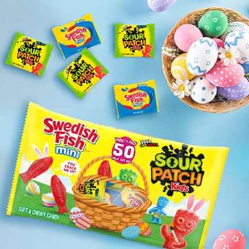 SOUR PATCH KIDS and SWEDISH FISH Mini Soft & Chewy Easter Candy Variety Pack, Bulk Candy, 50 Snack Packs