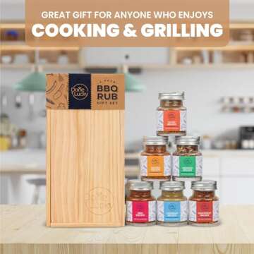 BBQ Rub Gift Set - Spice Gift Set in Premium Wooden Box - Great Grilling Gift for Father's Day, Christmas, Birthday for Him, Dad, Men, or Her - Unique Barbecue Seasonings (Set of 6)