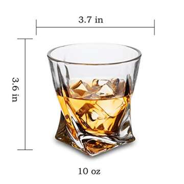 KANARS Whiskey Glasses Set of 4, 10 Oz Crystal Old Fashioned Cocktail Glass in Gift Box, Twisted Lowball Bourbon Tumbler for Scotch Whisky Cognac, Rock Barware for Men Gift