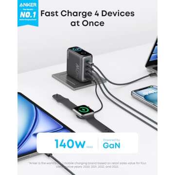 140W USB-C Charger, Anker Laptop Charger, 4-Port Multi-Device Fast Charging, Advanced GaN Power Adapter, Intuitive Touch Controls (Dark Gray)