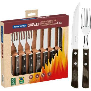 Tramontina Cutlery Set with Steak Knives, 8 Piece Sharp Knife and Fork Set with Wooden Handles, ‎Camping, Kitchen, Rustic, Dishwasher Safe, 29899296