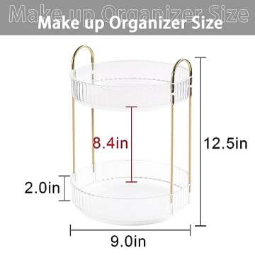 shuang qing Rotating Makeup Organizer for Vanity 2 Tier, High-Capacity Skincare Clear Make Up Storage Perfume Organizers Cosmetic Dresser Organizer Countertop 360 Spinning （Clear）