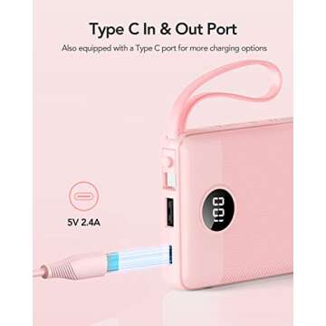 VRURC Portable Charger 10000mAh, Slim LED Display Power Bank, 5 Output 2 Input Cell Phone Battery Pack, Built-in Micro & USB C Cables Phone Charger Compatible with iPhone,Samsung,Android-Pink(1 Pack)