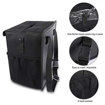 PowerTiger CAR ACCESSORIES Hanging Car Trash Can Bin - Car Garbage Cans Bag with Lid & 3 Mesh Storage Pockets 2.64 Gallon