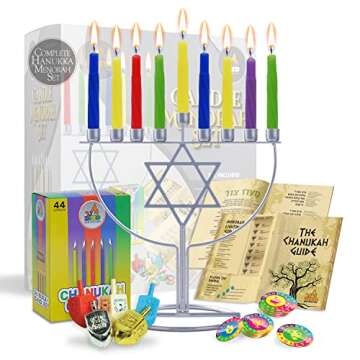 Ner Mitzvah Menorah Set for Hanukkah - Jewish Star Hanukkah Menorah Set - Sleek Wireframe Menora, Chanukah Candles, Dreidels, Play Coins, & Hanukkah Guide