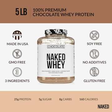 Naked Whey Protein Supplement Powder, Chocolate, GMO Free, Soy Free, Gluten Free Aid Muscle Growth and Recovery 60 Servings, 5 Ib