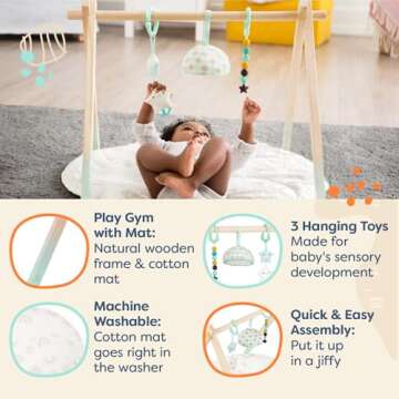 B. toys- B. baby- Wooden Baby Play Gym – Activity Mat – Starry Sky – 3 Hanging Sensory Toys – Natural Wood – Babies, Infants