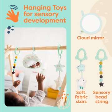 B. toys- B. baby- Wooden Baby Play Gym – Activity Mat – Starry Sky – 3 Hanging Sensory Toys – Natural Wood – Babies, Infants