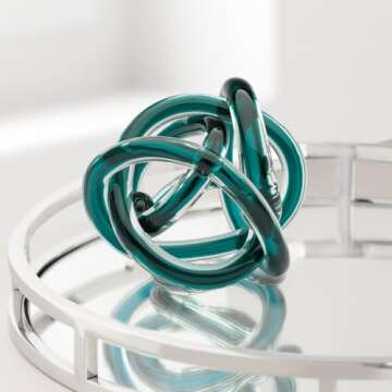 Torre & Tagus Orbit Hand Blown Glass Infinity Knot Sculpture - 4.5 Inch Glass Art Teal Knot Decor Ball for Home Decor, Small Centerpiece Table Decoration for Home Interior (Clear Teal)