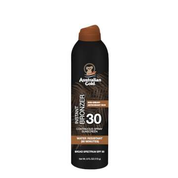 Australian Gold Continuous Spray Sunscreen with Instant Bronzer SPF 30, 6 Ounce, Immediate Glow & Dries Fast, Water Resistant Non Greasy, Vegan and PETA Approved, Bronzer New, Cocoa Dreams Scent