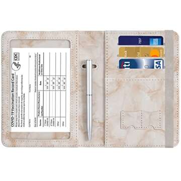 HOTCOOL Passport and Vaccine Card Holder Combo Leather RFID Blocking Wallet with Elastic Strap Travel Cover Case for Passport, with USA CDC Vaccination Card Slot, with Pen, Marble Brown