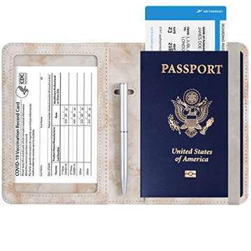 HOTCOOL Passport and Vaccine Card Holder Combo Leather RFID Blocking Wallet with Elastic Strap Travel Cover Case for Passport, with USA CDC Vaccination Card Slot, with Pen, Marble Brown