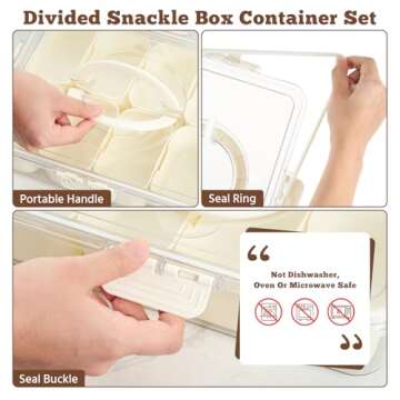 Snackle Box Container 2 Pack Divided Serving Tray with Lid and Handle Snack Box Charcuterie Container for Portable Snack Platter, Clear Organizer for Fruit Snack, Perfect for Road Travel Picnic Party