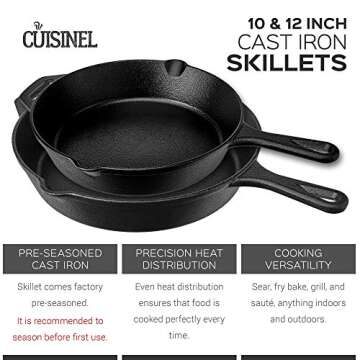 Cuisinel 10" + 12" Cast Iron Skillets - Pre-Seasoned Frying Pan Set + Silicone Handle Grips + Pan Scraper - Oven Cookware Kit + Accessories + Handle Helper Loop - 2024