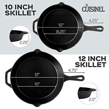 Cuisinel 10" + 12" Cast Iron Skillets - Pre-Seasoned Frying Pan Set + Silicone Handle Grips + Pan Scraper - Oven Cookware Kit + Accessories + Handle Helper Loop - 2024