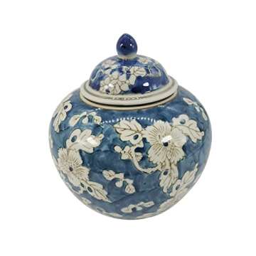 Galt International 8" Blue and White Floral Chinoiserie Jar w/Lid Decorative Ginger Jar Centerpiece Tea Storage Candy Jar Home Decor Vase