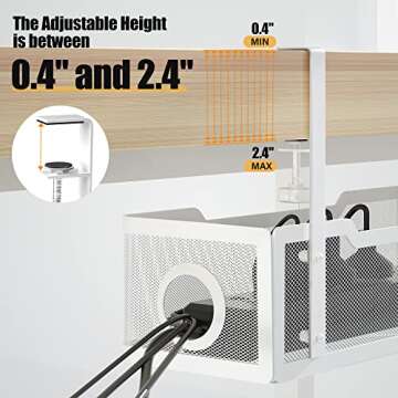 Under Desk Cable Management Tray White, Cinati Cable Management Under Desk No Drill, Cable Tray with Clamp for Desk Wire Management,Desk Cable Management Box for Office, Home - No Damage to Desk